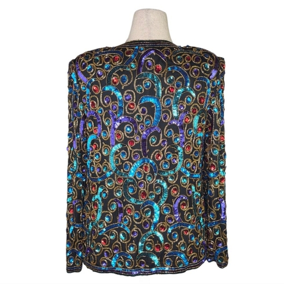 Vintage Laurence Kazar Silk Sequin Beaded Jacket Black Multicolor Size L - Picture 4 of 10